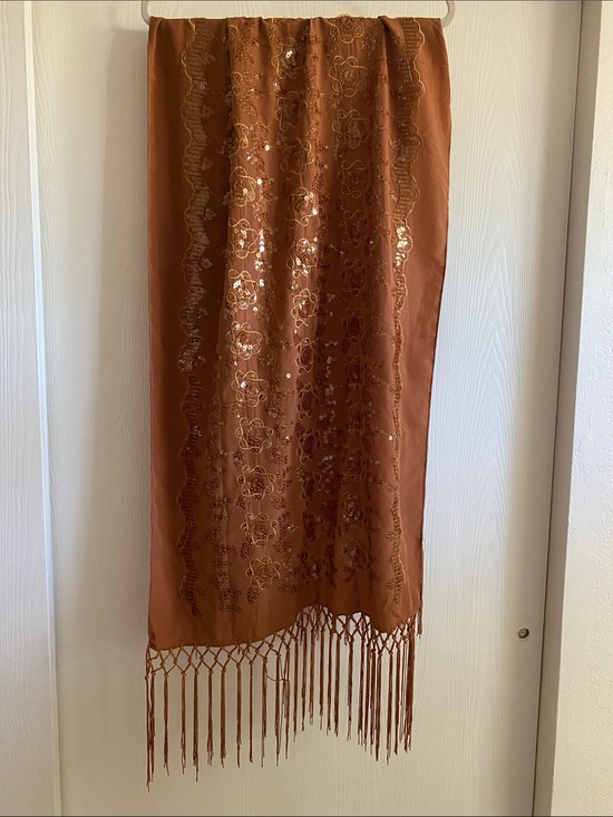 Unknown Accessories - Embellished Fringe Wrap Scarf in Rust
